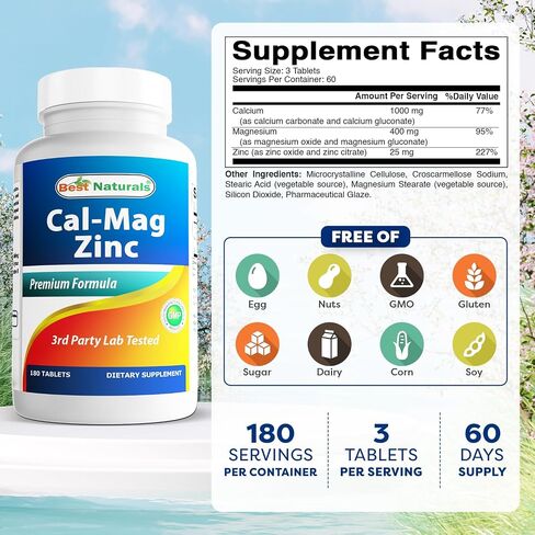 رقم 1 CAL MAG ZINC من Best Naturals - مركب معدني أساسي - تم تصنيعه في منشأة معتمدة من GMP مقرها الولايات المتحدة الأمريكية وتم اختبار نقائه من قبل طرف ثالث. مضمون!!, 180 قرصًا in Saudi Arabia