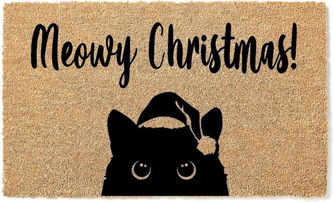 Christmas Doormat Meowy Black Cat l Holiday Peeking | Welcome Mat Gift Home Housewarming stk1579 in Saudi Arabia