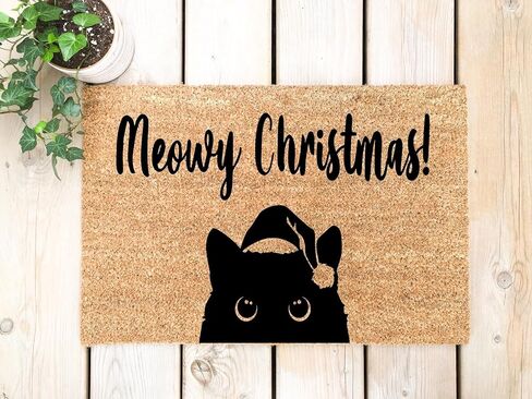 Christmas Doormat Meowy Black Cat l Holiday Peeking | Welcome Mat Gift Home Housewarming stk1579 in Saudi Arabia