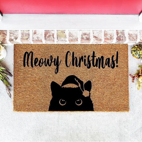 Christmas Doormat Meowy Black Cat l Holiday Peeking | Welcome Mat Gift Home Housewarming stk1579 in Saudi Arabia