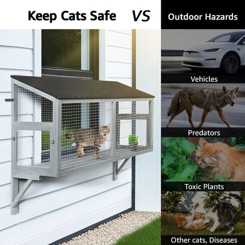 beeNbkks Cat Catio, Window Box Enclosure for Indoor Cats, Wooden Window Perch House, Expandable for Multi Kittens, Secure Comfortable Outdoor Haven for Pets, All Weather Use, Nature Friendly Design in Saudi Arabia