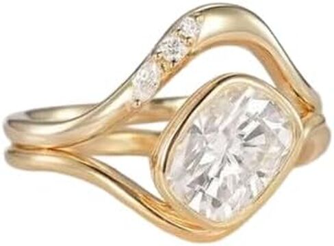 SilverQ 1.50 قيراط قطع الماس الحد الأدنى خاتم الزفاف مجموعة للنساء 14K الذهب الأصفر مطلي خاتم الزواج المنحني 925 الفضة الاسترليني اليدوية بسيطة التراص مجوهرات in Saudi Arabia