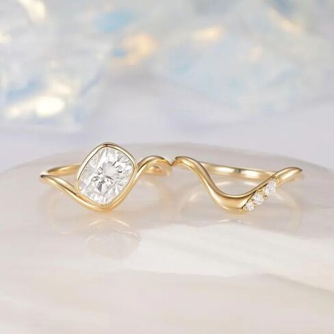 SilverQ 1.50 قيراط قطع الماس الحد الأدنى خاتم الزفاف مجموعة للنساء 14K الذهب الأصفر مطلي خاتم الزواج المنحني 925 الفضة الاسترليني اليدوية بسيطة التراص مجوهرات in Saudi Arabia