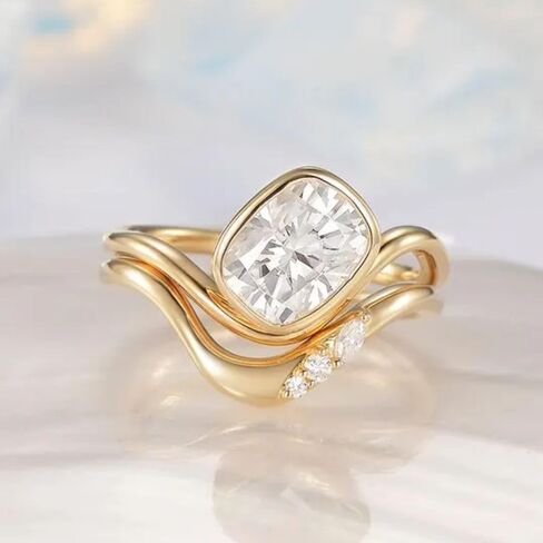 SilverQ 1.50 قيراط قطع الماس الحد الأدنى خاتم الزفاف مجموعة للنساء 14K الذهب الأصفر مطلي خاتم الزواج المنحني 925 الفضة الاسترليني اليدوية بسيطة التراص مجوهرات in Saudi Arabia