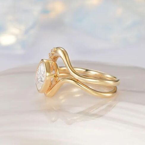 SilverQ 1.50 قيراط قطع الماس الحد الأدنى خاتم الزفاف مجموعة للنساء 14K الذهب الأصفر مطلي خاتم الزواج المنحني 925 الفضة الاسترليني اليدوية بسيطة التراص مجوهرات in Saudi Arabia