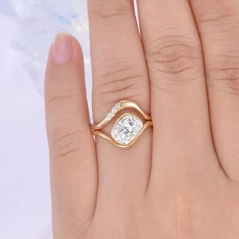 SilverQ 1.50 قيراط قطع الماس الحد الأدنى خاتم الزفاف مجموعة للنساء 14K الذهب الأصفر مطلي خاتم الزواج المنحني 925 الفضة الاسترليني اليدوية بسيطة التراص مجوهرات in Saudi Arabia