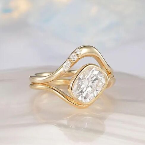 SilverQ 1.50 قيراط قطع الماس الحد الأدنى خاتم الزفاف مجموعة للنساء 14K الذهب الأصفر مطلي خاتم الزواج المنحني 925 الفضة الاسترليني اليدوية بسيطة التراص مجوهرات in Saudi Arabia