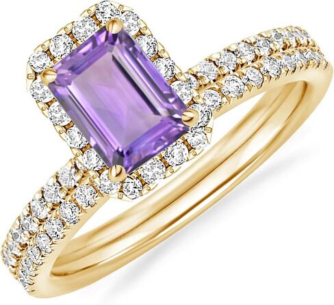 1.00 Carat Emerald Cut Amethyst & Diamond Halo Engagement Ring With Matching Wedding Band For Women, 14K Gold Plated 925 Silver February Birthstone Amethyst Side Stone Halo Bridal Set in Saudi Arabia