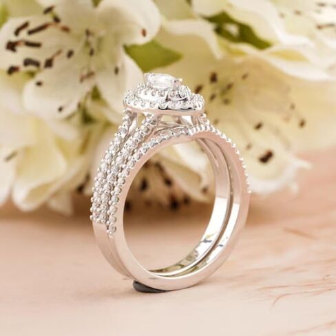 SilverQ 1.50 Marquise And Round Cut Diamond Double Halo Engagement Ring Set 14K White Gold Plated Curved Half Eternity Wedding Band Set 925 Sterling Silver Handmade Bridal Ring Set in Saudi Arabia