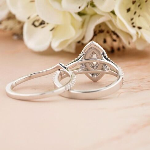 SilverQ 1.50 Marquise And Round Cut Diamond Double Halo Engagement Ring Set 14K White Gold Plated Curved Half Eternity Wedding Band Set 925 Sterling Silver Handmade Bridal Ring Set in Saudi Arabia