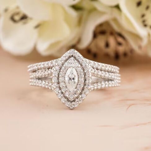 SilverQ 1.50 Marquise And Round Cut Diamond Double Halo Engagement Ring Set 14K White Gold Plated Curved Half Eternity Wedding Band Set 925 Sterling Silver Handmade Bridal Ring Set in Saudi Arabia