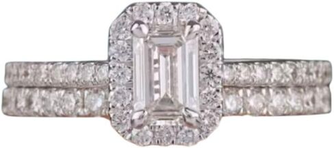SilverQ 2 Ct Emerald Cut Diamond Classic Halo Solitaire Accent Engagement Ring Set For Women 14K White Gold Plated Dainty Half Eternity Wedding Band Set 925 Sterling Silver Handmade Bridal Ring Set in Saudi Arabia