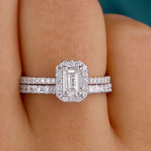 SilverQ 2 Ct Emerald Cut Diamond Classic Halo Solitaire Accent Engagement Ring Set For Women 14K White Gold Plated Dainty Half Eternity Wedding Band Set 925 Sterling Silver Handmade Bridal Ring Set in Saudi Arabia