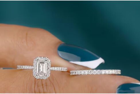 SilverQ 2 Ct Emerald Cut Diamond Classic Halo Solitaire Accent Engagement Ring Set For Women 14K White Gold Plated Dainty Half Eternity Wedding Band Set 925 Sterling Silver Handmade Bridal Ring Set in Saudi Arabia