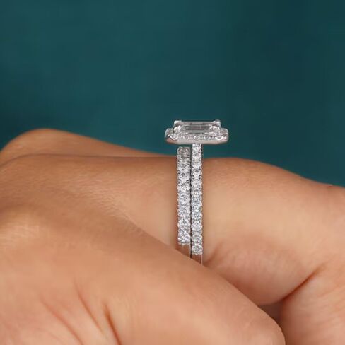 SilverQ 2 Ct Emerald Cut Diamond Classic Halo Solitaire Accent Engagement Ring Set For Women 14K White Gold Plated Dainty Half Eternity Wedding Band Set 925 Sterling Silver Handmade Bridal Ring Set in Saudi Arabia