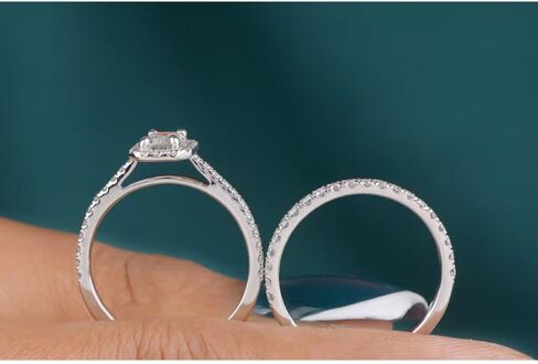 SilverQ 2 Ct Emerald Cut Diamond Classic Halo Solitaire Accent Engagement Ring Set For Women 14K White Gold Plated Dainty Half Eternity Wedding Band Set 925 Sterling Silver Handmade Bridal Ring Set in Saudi Arabia