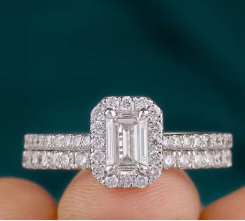 SilverQ 2 Ct Emerald Cut Diamond Classic Halo Solitaire Accent Engagement Ring Set For Women 14K White Gold Plated Dainty Half Eternity Wedding Band Set 925 Sterling Silver Handmade Bridal Ring Set in Saudi Arabia