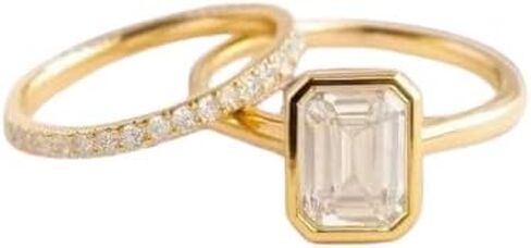 SilverQ 2 Ct Emerald Cut Bezel Set Diamond Solitaire Engagement Ring Set For Women 14K Yellow Gold Plated Dainty Half Eternity Wedding Band Set 925 Sterling Silver Handmade Delicate Bridal Set Jewelry in Saudi Arabia