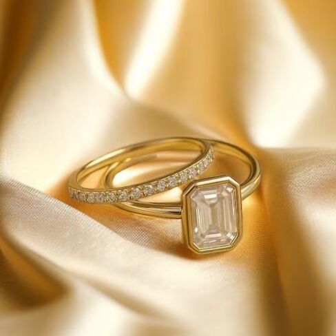 SilverQ 2 Ct Emerald Cut Bezel Set Diamond Solitaire Engagement Ring Set For Women 14K Yellow Gold Plated Dainty Half Eternity Wedding Band Set 925 Sterling Silver Handmade Delicate Bridal Set Jewelry in Saudi Arabia