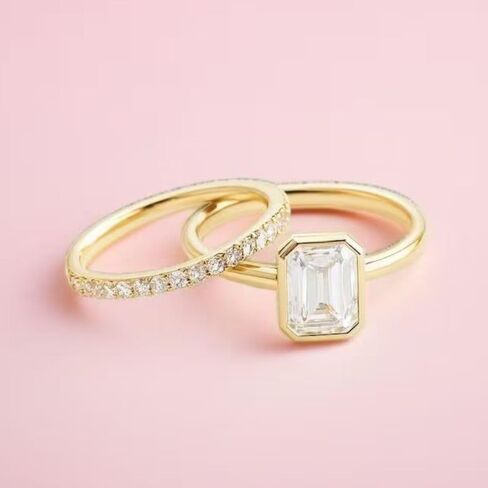 SilverQ 2 Ct Emerald Cut Bezel Set Diamond Solitaire Engagement Ring Set For Women 14K Yellow Gold Plated Dainty Half Eternity Wedding Band Set 925 Sterling Silver Handmade Delicate Bridal Set Jewelry in Saudi Arabia
