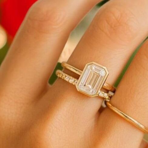 SilverQ 2 Ct Emerald Cut Bezel Set Diamond Solitaire Engagement Ring Set For Women 14K Yellow Gold Plated Dainty Half Eternity Wedding Band Set 925 Sterling Silver Handmade Delicate Bridal Set Jewelry in Saudi Arabia
