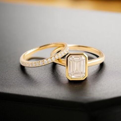 SilverQ 2 Ct Emerald Cut Bezel Set Diamond Solitaire Engagement Ring Set For Women 14K Yellow Gold Plated Dainty Half Eternity Wedding Band Set 925 Sterling Silver Handmade Delicate Bridal Set Jewelry in Saudi Arabia
