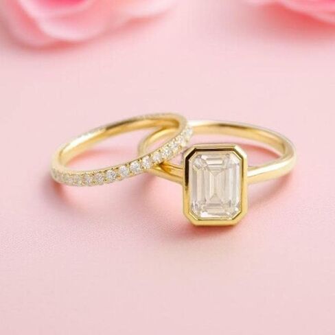 SilverQ 2 Ct Emerald Cut Bezel Set Diamond Solitaire Engagement Ring Set For Women 14K Yellow Gold Plated Dainty Half Eternity Wedding Band Set 925 Sterling Silver Handmade Delicate Bridal Set Jewelry in Saudi Arabia