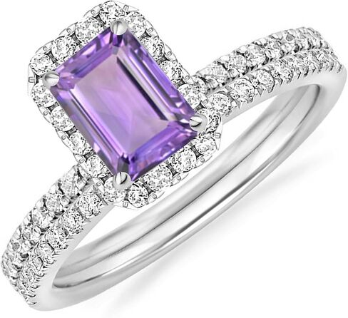 1.00 Carat Emerald Cut Amethyst & Diamond Halo Engagement Ring With Matching Wedding Band For Women, 14K Gold Plated 925 Silver February Birthstone Amethyst Side Stone Halo Bridal Set in Saudi Arabia