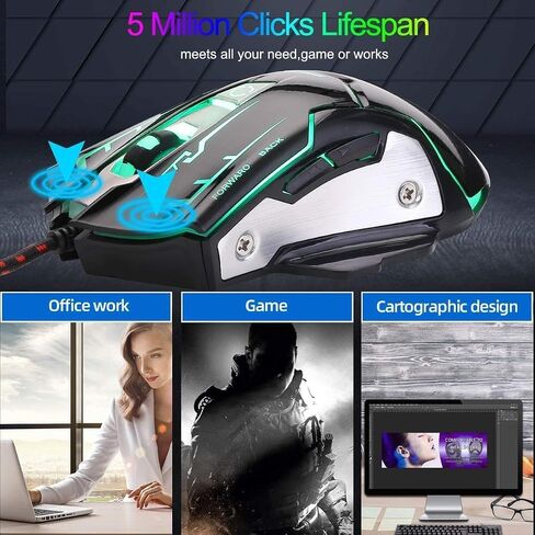 RGB Light up Wired Gaming Mouse for Computer - Durable USB Led Laptop Mice w/ 7 Color Backlit, 4 Adjust DPI Up to 3200 for Gaming, Silent & Stable PC Corded Mouse for Mac MacBook Windows Linux PS4 in Kuwait