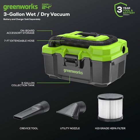 Greenworks 24V Brushless 3 Gallon Cordless Wet/Dry Shop Vacuum with with Hose, Crevice Tool, Floor Nozzle, 4.0Ah Battery and Charger Included in Saudi Arabia