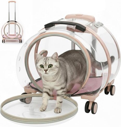 Transparent Hard Cat Carrier with Rolling Wheels, Fully Breathable & Multiple Carrying Options for Dogs, Cats & Bunny – Travel & Walk Friendly (Pink) in Saudi Arabia