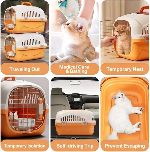 Hard Top Load Cat Carrier,Airline Pet Carrier,Cat Carrier Hard Shell, 360° Ventilation, Front Metal Door, Secure Latches, Includes 5 Pee Pads,Hiking Car Travel Crate for Cats Small Dogs (Orange) in Kuwait