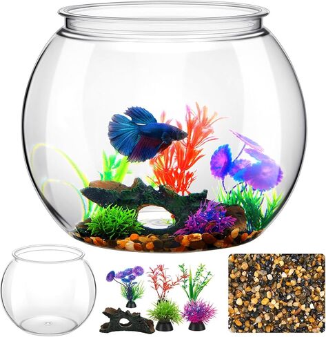 1 Gallon Plastic Betta Fish Bowl with 6 Pcs Artificial Plastic Plants and 500g Decorative Gravel, Betta Fish Tank and Decoration Accessories Small Large Bowl Ornaments Starter Kit in Saudi Arabia