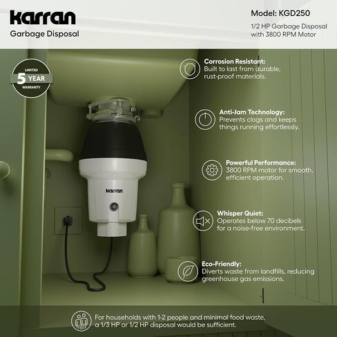Karran 1/2 HP Garbage Disposal with Power Cord – Quiet Continuous Feed Kitchen Sink Disposal, 3800 RPM Stainless Steel Grinding Chamber, Anti-Jam Technology, Easy 3-Bolt Mount, Compact Design in Kuwait