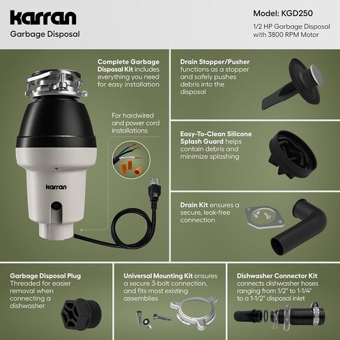 Karran 1/2 HP Garbage Disposal with Power Cord – Quiet Continuous Feed Kitchen Sink Disposal, 3800 RPM Stainless Steel Grinding Chamber, Anti-Jam Technology, Easy 3-Bolt Mount, Compact Design in Kuwait
