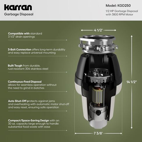 Karran 1/2 HP Garbage Disposal with Power Cord – Quiet Continuous Feed Kitchen Sink Disposal, 3800 RPM Stainless Steel Grinding Chamber, Anti-Jam Technology, Easy 3-Bolt Mount, Compact Design in Kuwait