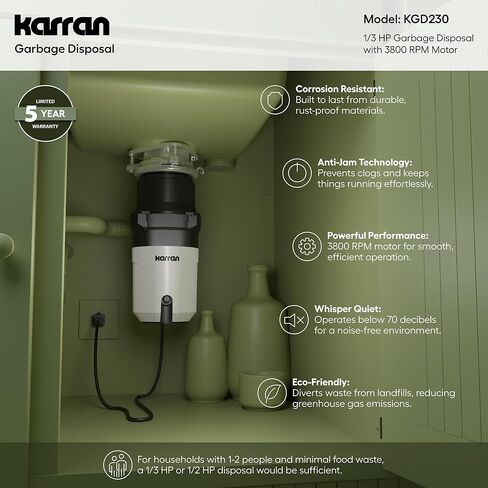 Karran 1/2 HP Garbage Disposal with Power Cord – Quiet Continuous Feed Kitchen Sink Disposal, 3800 RPM Stainless Steel Grinding Chamber, Anti-Jam Technology, Easy 3-Bolt Mount, Compact Design in Kuwait