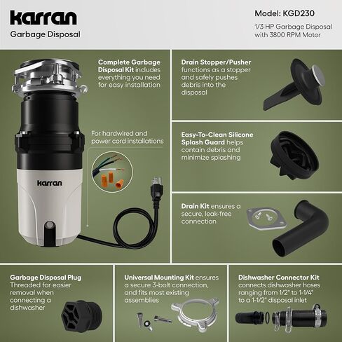 Karran 1/2 HP Garbage Disposal with Power Cord – Quiet Continuous Feed Kitchen Sink Disposal, 3800 RPM Stainless Steel Grinding Chamber, Anti-Jam Technology, Easy 3-Bolt Mount, Compact Design in Kuwait