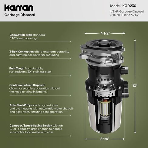 Karran 1/2 HP Garbage Disposal with Power Cord – Quiet Continuous Feed Kitchen Sink Disposal, 3800 RPM Stainless Steel Grinding Chamber, Anti-Jam Technology, Easy 3-Bolt Mount, Compact Design in Kuwait