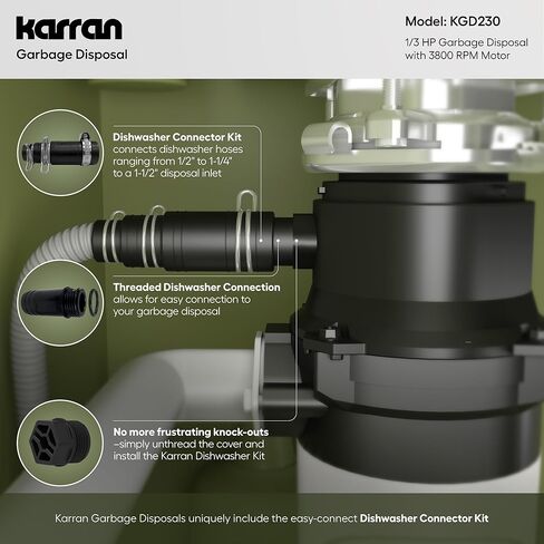 Karran 1/2 HP Garbage Disposal with Power Cord – Quiet Continuous Feed Kitchen Sink Disposal, 3800 RPM Stainless Steel Grinding Chamber, Anti-Jam Technology, Easy 3-Bolt Mount, Compact Design in Kuwait