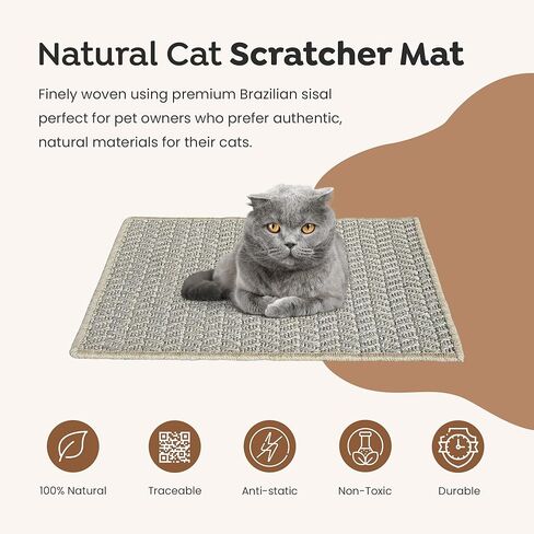Premium Brazilian Cat Scratcher Mat – 24'' x 16'' Natural Fiber 100% Sisal with Jute Border, Ultra Durable, Scratching Pad, Doormat Rug, Protects Furniture and Carpets (Natural Beige) in Kuwait