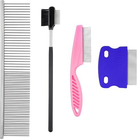 4 Pack Flea Comb for Pets - Stainless Steel Double Sided Dog Cat Grooming Tool with Rounded Teeth, Professional Dematting & Tear Stain Remover in Saudi Arabia