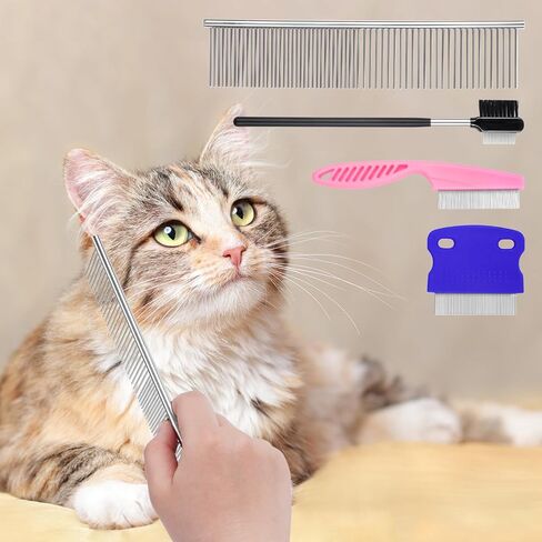 4 Pack Flea Comb for Pets - Stainless Steel Double Sided Dog Cat Grooming Tool with Rounded Teeth, Professional Dematting & Tear Stain Remover in Saudi Arabia