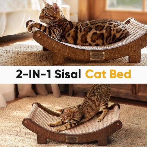 FUKUMARU Cat Scratcher Bed Sisal, 23.6 Inch Durable Scratching Bed for Indoor Cats, Large Cat Scratch Pad, 100% Natural Sisal Hammock, Solid Wood Frame Lounger Chair for Sleep & Scratch (Wood) in Saudi Arabia