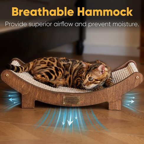 FUKUMARU Cat Scratcher Bed Sisal, 23.6 Inch Durable Scratching Bed for Indoor Cats, Large Cat Scratch Pad, 100% Natural Sisal Hammock, Solid Wood Frame Lounger Chair for Sleep & Scratch (Wood) in Saudi Arabia