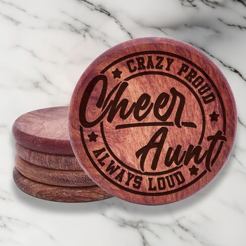 قواعد أكواب من 4 قطع من Cheer Aunt، Cheer، Crazy Proud Always Loud مخصصة مخصصة للمشروبات من الخشب المنقوش، قواعد مصنوعة يدويًا in Saudi Arabia