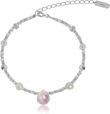 Meissa Freshwater Pearls Bracelets for Women Wife Teen Friends 925 Sterling Silver Pink Purple Crystal Beaded Bracelet Pearl Drop Charm Hand Chain July Birthday Gifts in Saudi Arabia