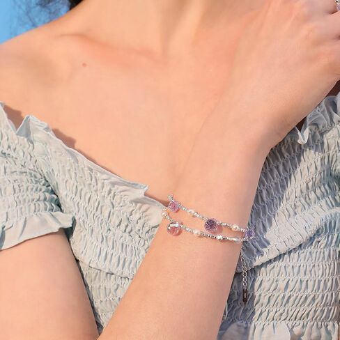 Meissa Freshwater Pearls Bracelets for Women Wife Teen Friends 925 Sterling Silver Pink Purple Crystal Beaded Bracelet Pearl Drop Charm Hand Chain July Birthday Gifts in Saudi Arabia