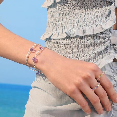 Meissa Freshwater Pearls Bracelets for Women Wife Teen Friends 925 Sterling Silver Pink Purple Crystal Beaded Bracelet Pearl Drop Charm Hand Chain July Birthday Gifts in Saudi Arabia