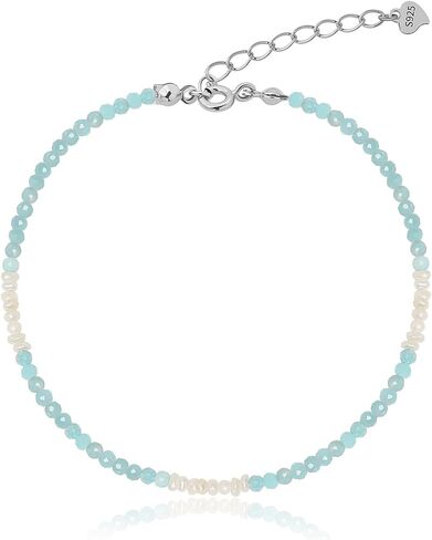 Meissa Turquoise Pearl Bead Bracelet for Women Crystal Chain Link Freshwater Pearls Bracelet 925 Sterling Silver Handmade Dainty Bracelet, 6-7.5 Inches in Saudi Arabia